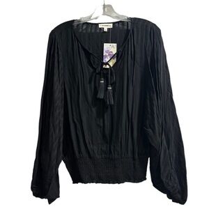 Women’s Black Smocked Boho Bohemian Blouse Long Sleeve Shirt Small